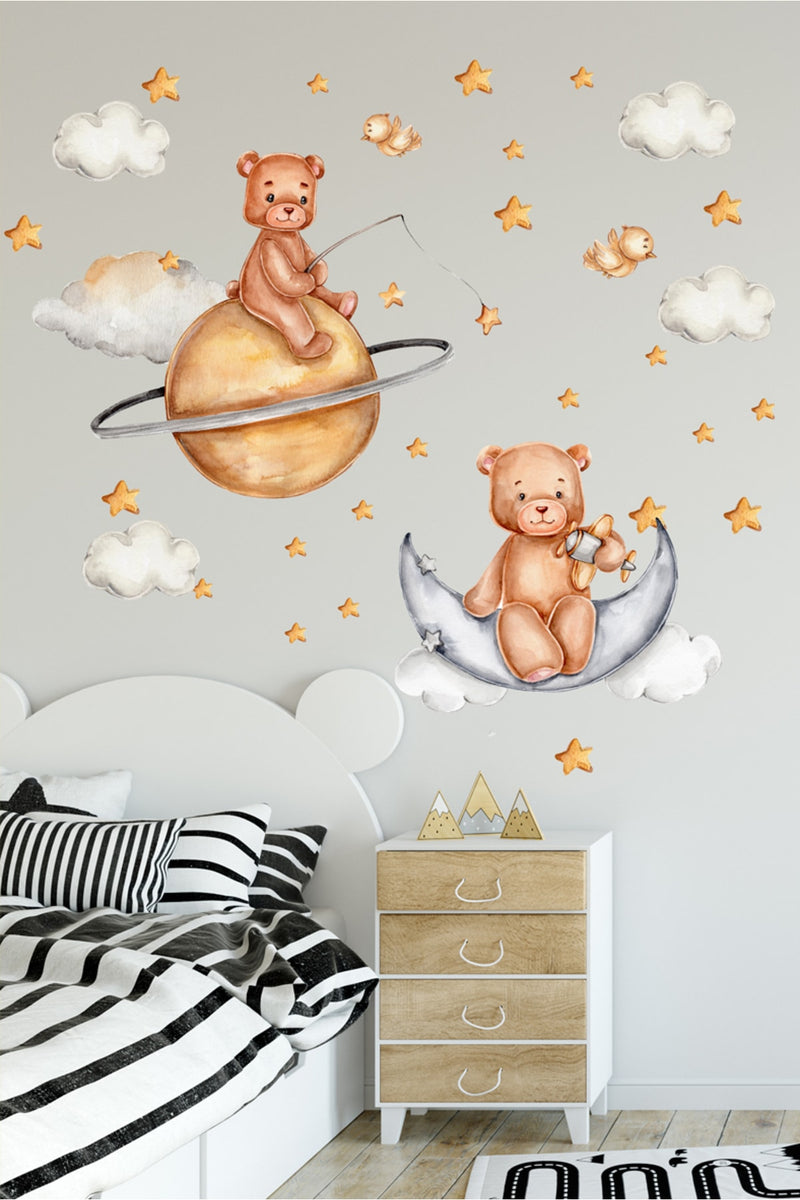 Aya Yolculuk Sevimli Ayıcıklar Duvar Dekorasyon Sticker Seti