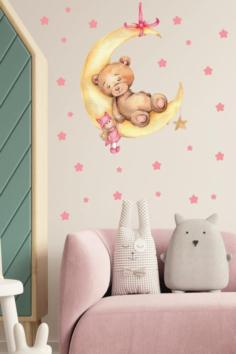 Ayda Uyuyan Sevimli Ayıcık Bebek Ve Pembe Yıldızlar Sticker Seti