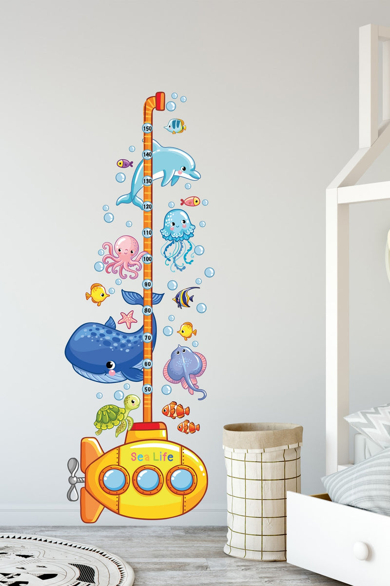 Deniz Canlıları Balıklar Denizaltı Boy Ölçer Çocuk Odası Duvar Sticker- Sim455