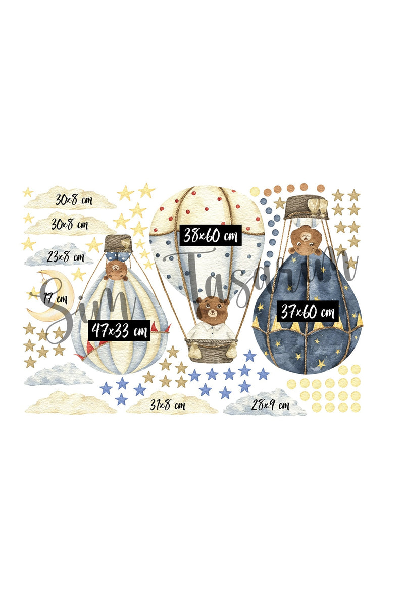 Ayıcıklı Hava Balonları Uçan Balon Çocuk Odası Duvar Sticker Seti - Sim728