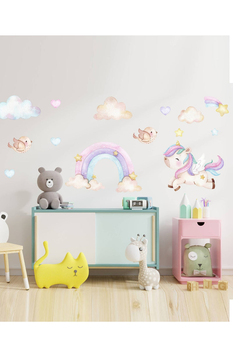 Pastel Unicorn - Gökkuşağı Kuşlar Ve Kalpler Duvar Sticker Seti - Sim756