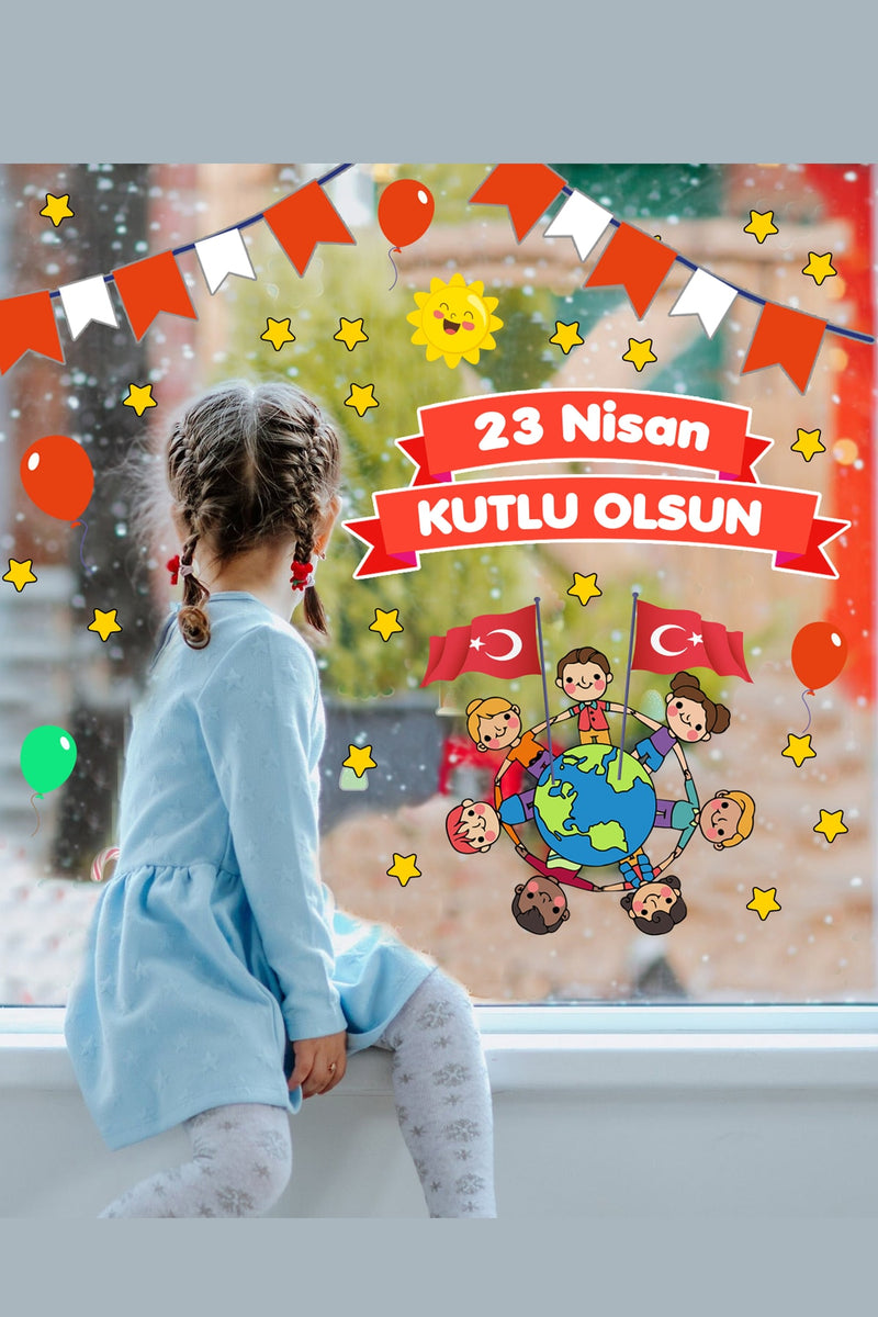 23 Nisan Çocuk Bayramı Eğlenceli Cam Duvar Süsleme Sticker Seti