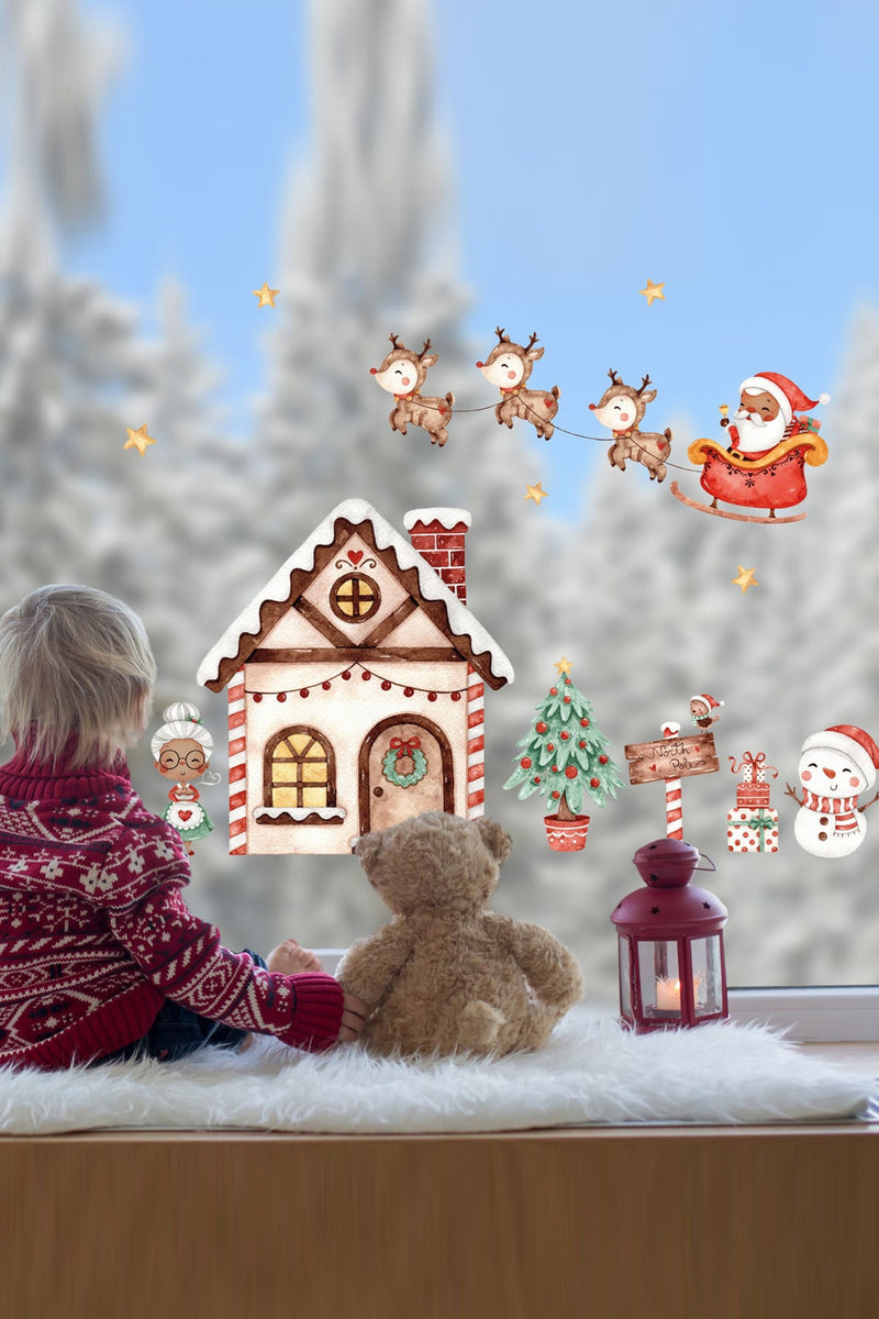 Yılbaşı Kızak Ve Geyikler Noel Baba Yeni Yıl Şehri Cam Kapı Duvar Sticker Seti
