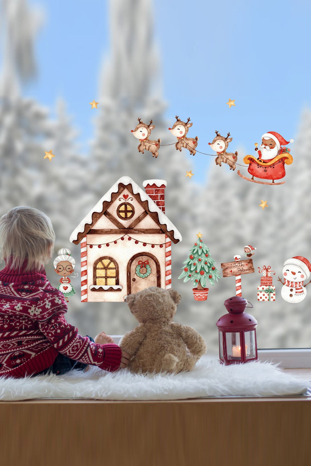 Yılbaşı Kızak Ve Geyikler Noel Baba Yeni Yıl Şehri Cam Kapı Duvar Sticker Seti