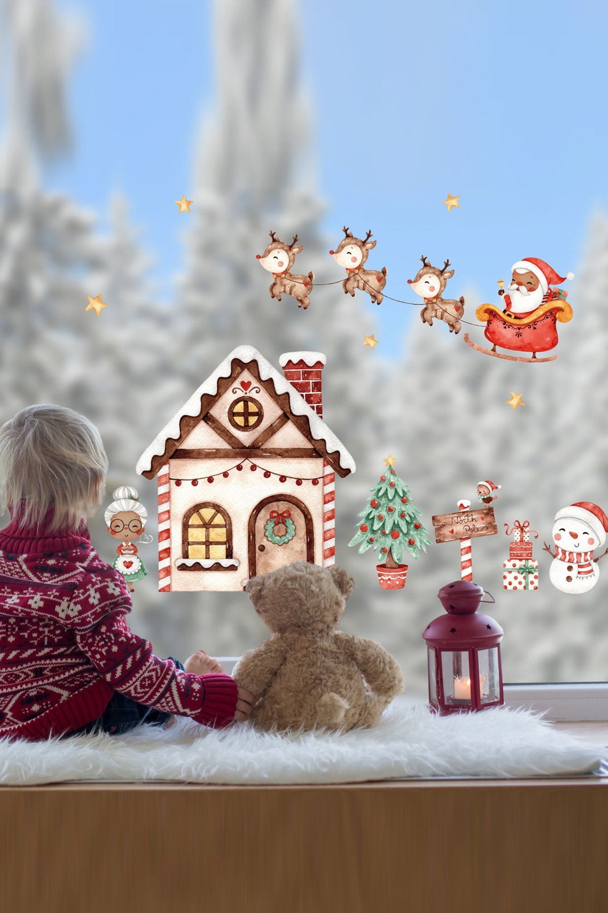 Yılbaşı Kızak Ve Geyikler Noel Baba Yeni Yıl Şehri Cam Kapı Duvar Sticker Seti
