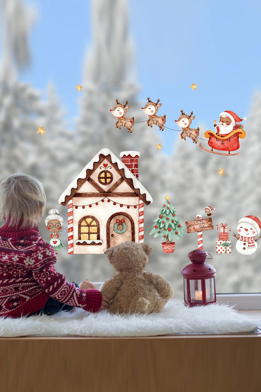 Yılbaşı Kızak Ve Geyikler Noel Baba Yeni Yıl Şehri Cam Kapı Duvar Sticker Seti