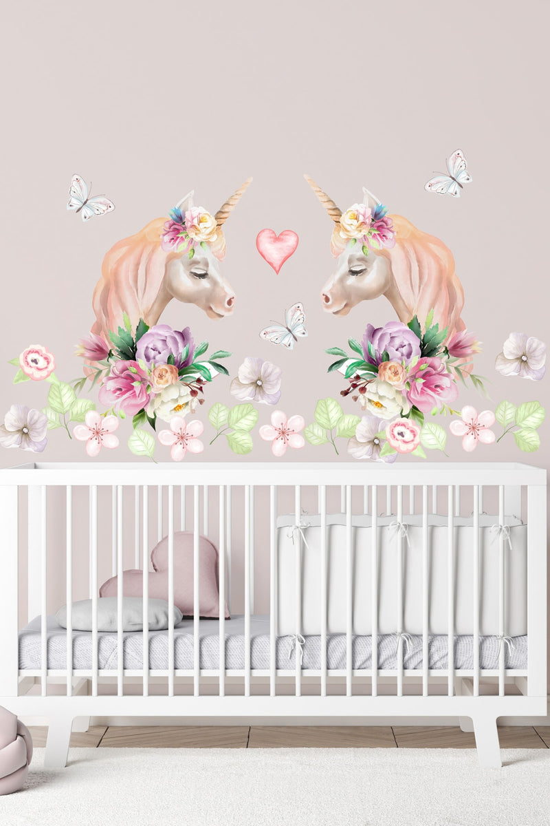 Ikiz Unicorn Suluboya Çiçekler Kız Bebek Çocuk Odası Duvar Sticker Seti