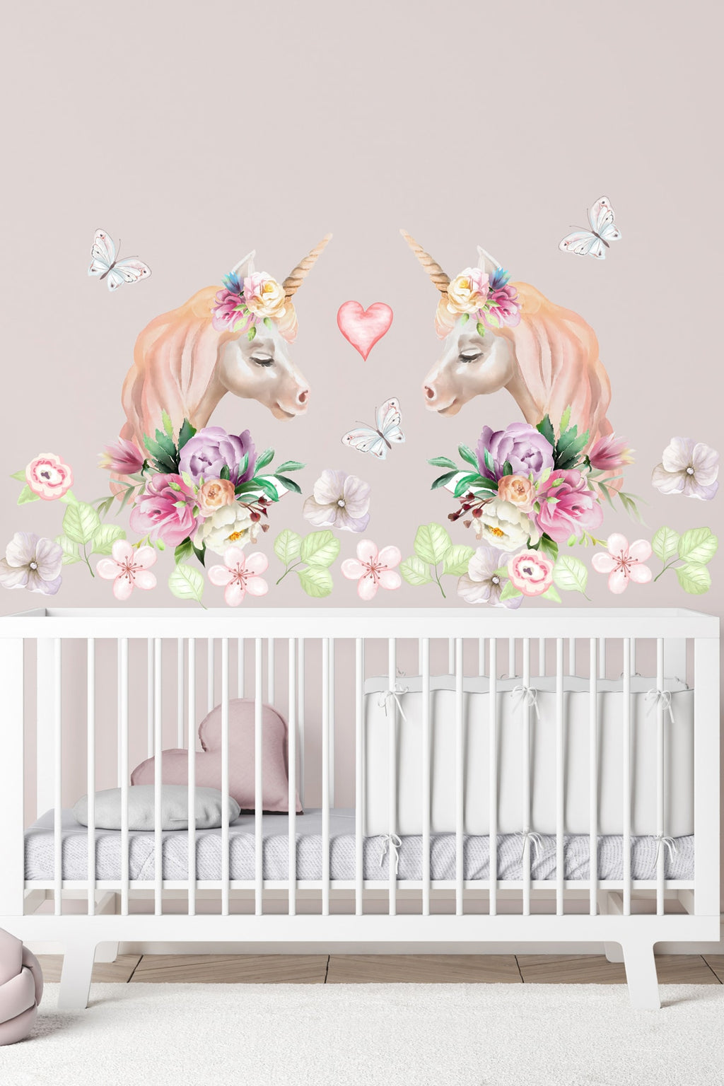 Ikiz Unicorn Suluboya Çiçekler Kız Bebek Çocuk Odası Duvar Sticker Seti