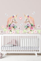 Ikiz Unicorn Suluboya Çiçekler Kız Bebek Çocuk Odası Duvar Sticker Seti