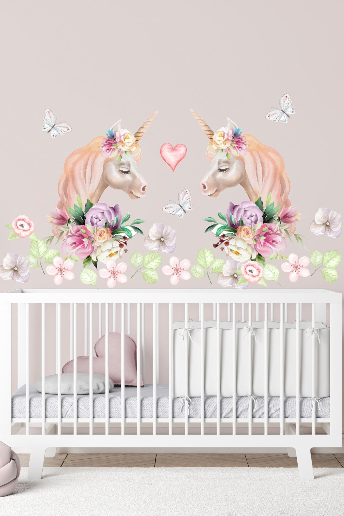 Ikiz Unicorn Suluboya Çiçekler Kız Bebek Çocuk Odası Duvar Sticker Seti
