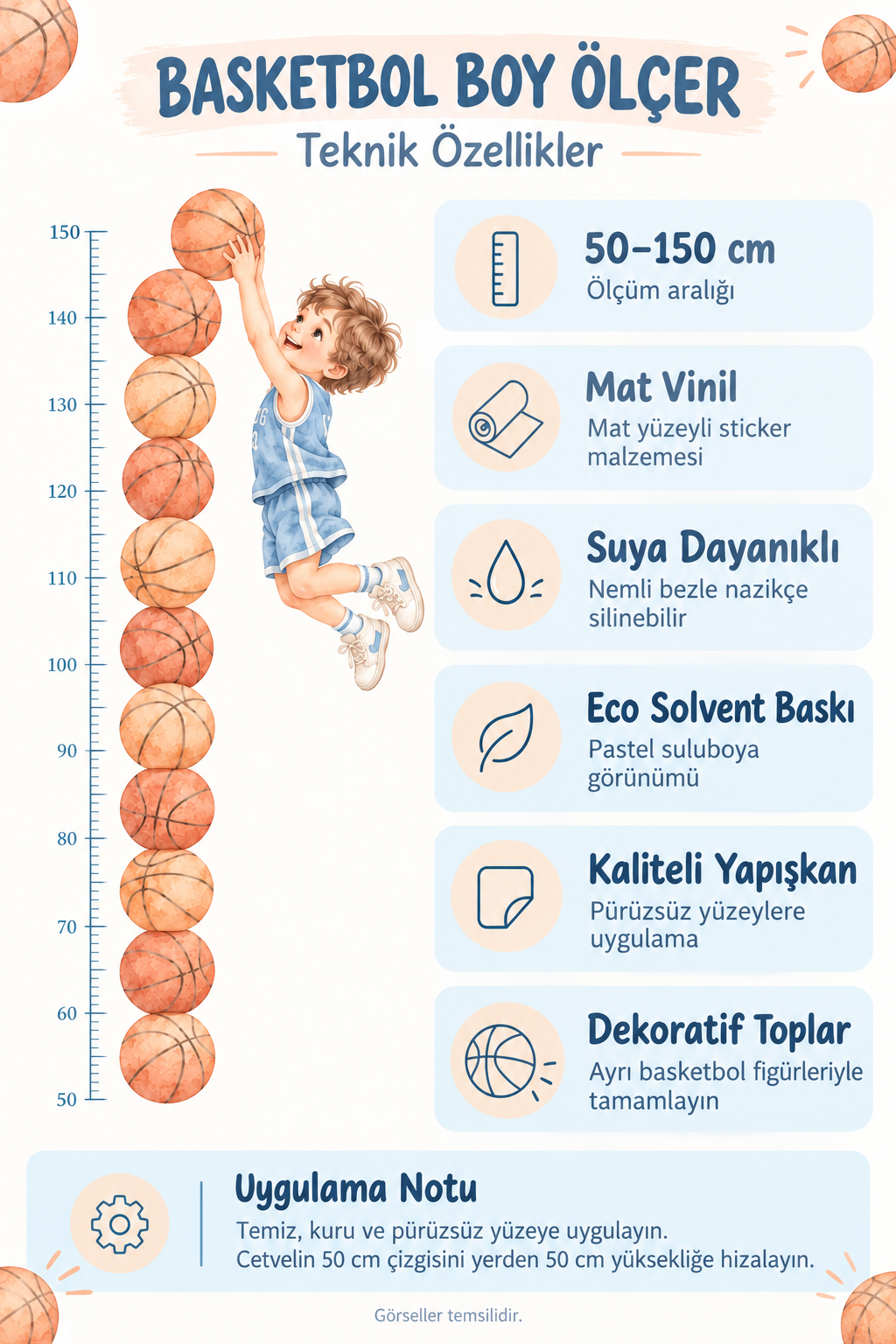 Basketbolcu Çocuk Boy Ölçer Duvar Stickerı 50–150 cm Pastel Suluboya Basketbol Temalı Çocuk Odası