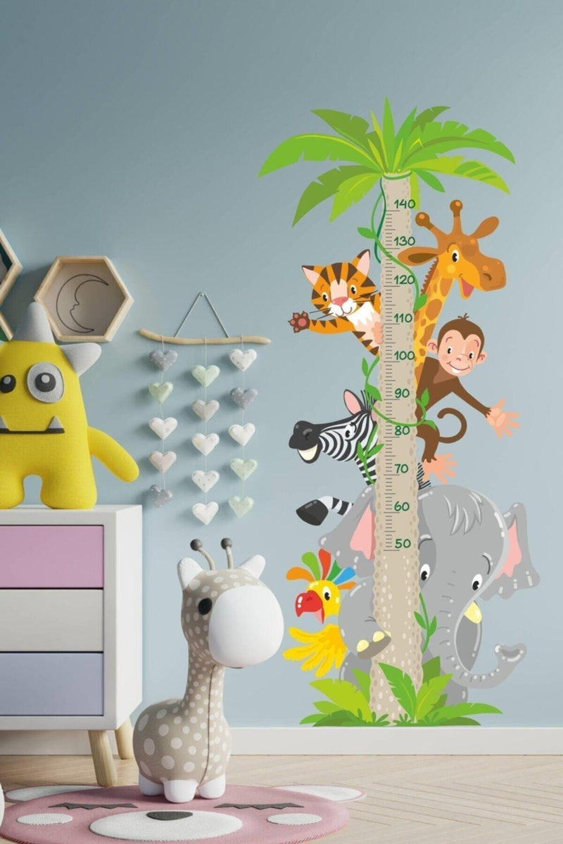Sevimli Safari Hayvanları Temalı Boy Ölçer Duvar Sticker