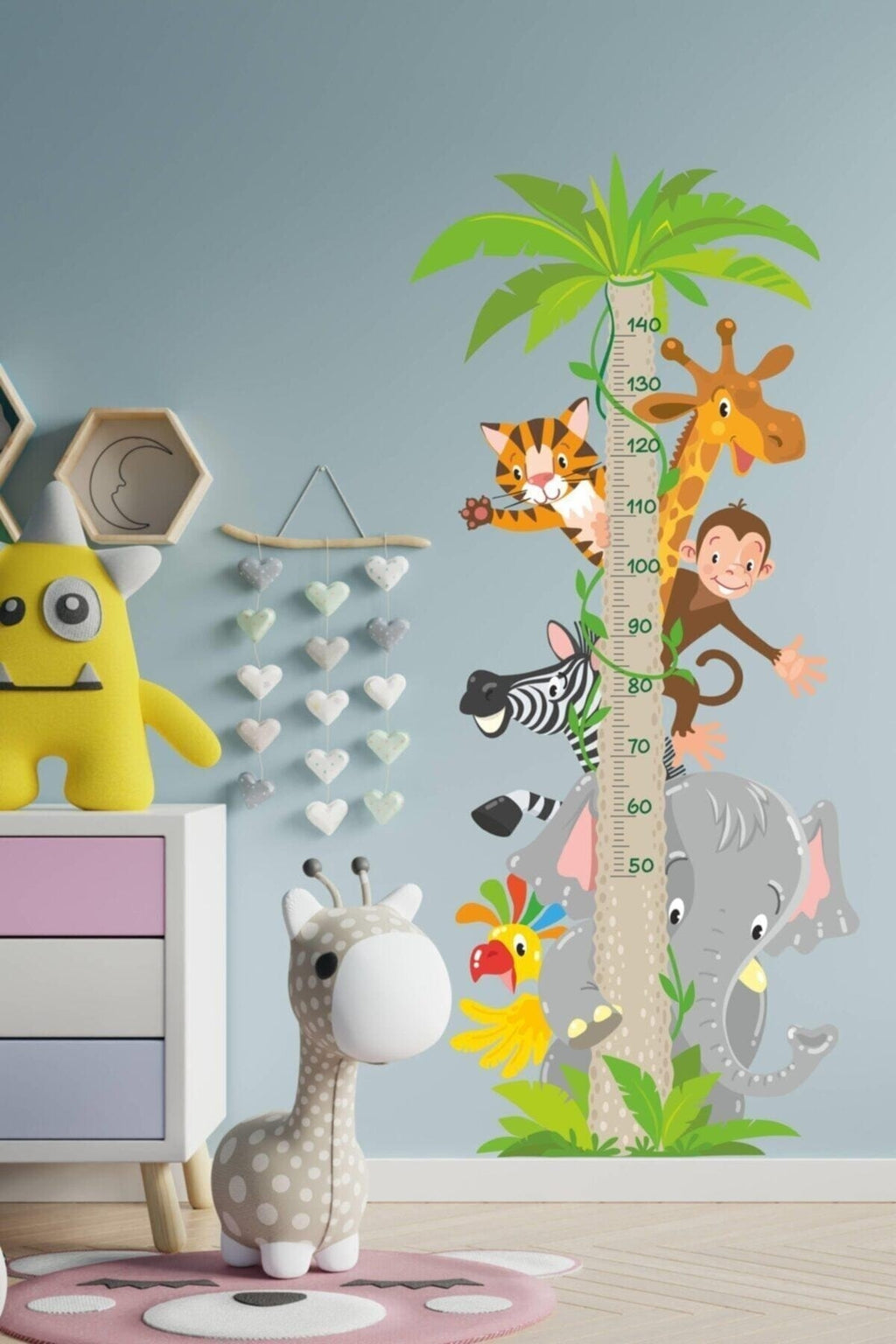 Sevimli Safari Hayvanları Temalı Boy Ölçer Duvar Sticker