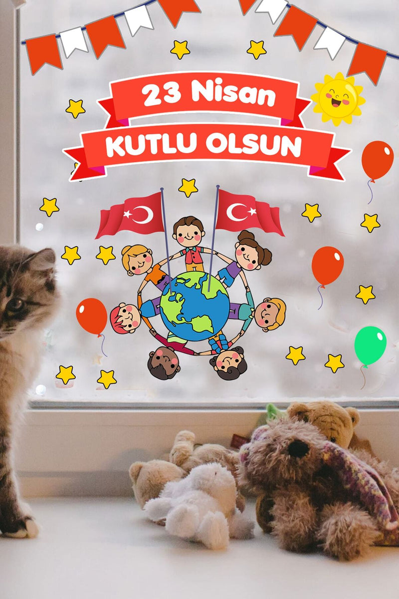 23 Nisan Çocuk Bayramı Eğlenceli Cam Duvar Süsleme Sticker Seti