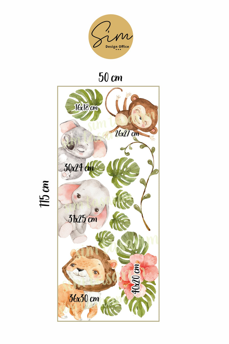 - Kapı Sticker - Suluboya Tropikal Safari Hayvanlar Çocuk Odası Kapı Sticker Seti