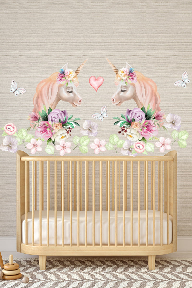 Ikiz Unicorn Suluboya Çiçekler Kız Bebek Çocuk Odası Duvar Sticker Seti