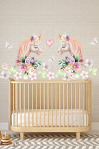 Ikiz Unicorn Suluboya Çiçekler Kız Bebek Çocuk Odası Duvar Sticker Seti