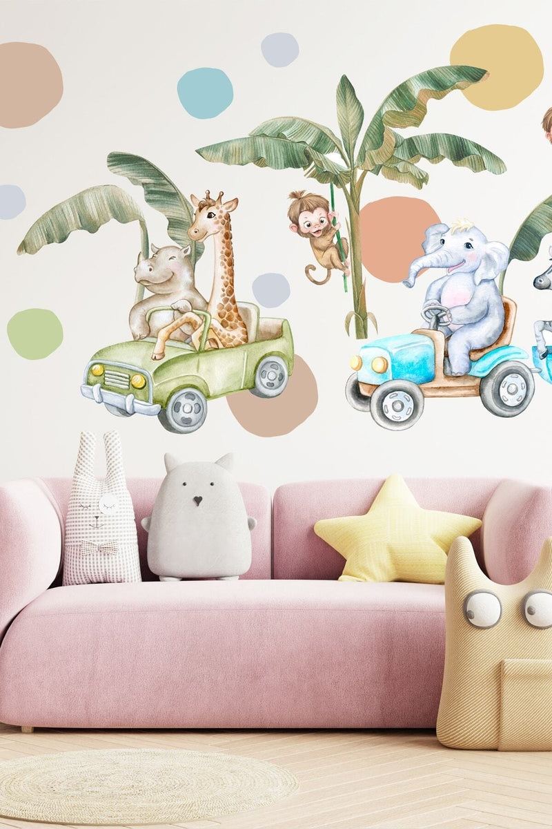 Neşeli Hayvanları Safari Turunda Çocuk Odası Duvar Sticker Seti - Sim700