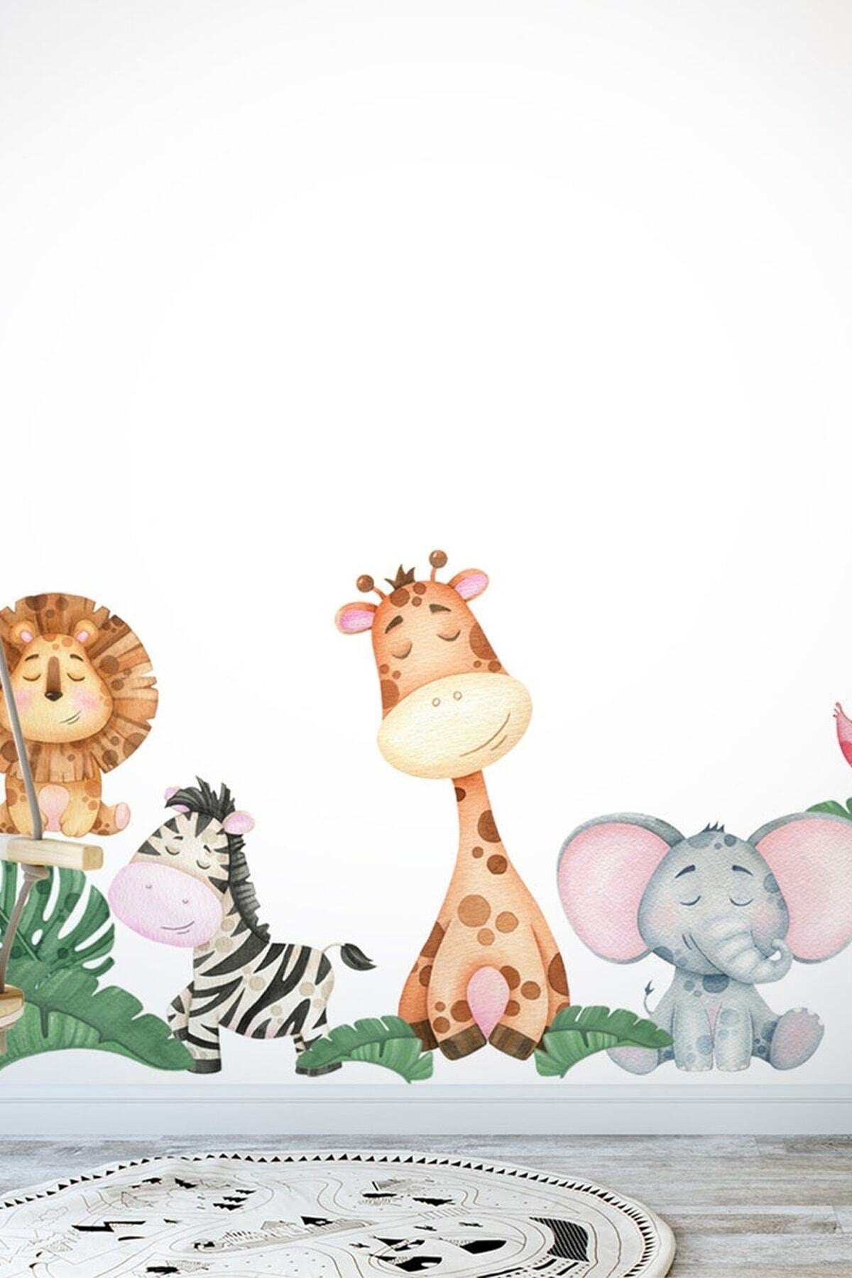 Neşeli Orman Hayvanları Flamingo Kirpi Aslan Zebra Fil Zürafa Çocuk Odası Duvar Sticker