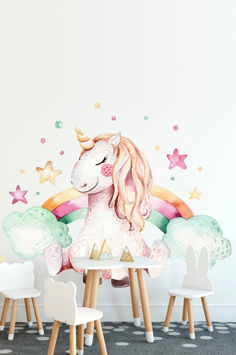 Unicorn Rüyası Renkli Puantiye Yıldızlar Ve Kalpler Duvar Sticker Seti