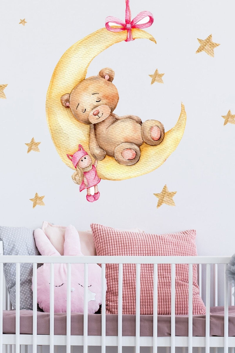 Sevimli Uykucu Ayıcık Duvar Sticker Seti Pembe