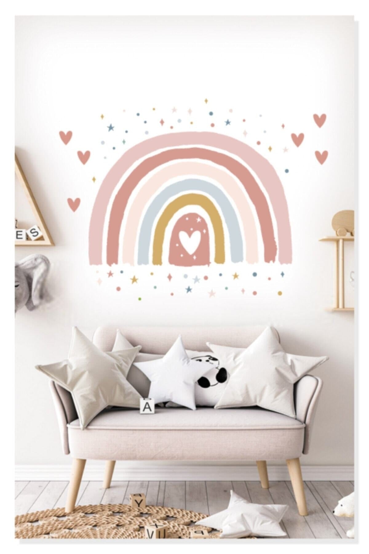 Soft Renkli Puantiye Yıldız Kalpler Ve Gökkuşağı Çocuk Odası Duvar Sticker