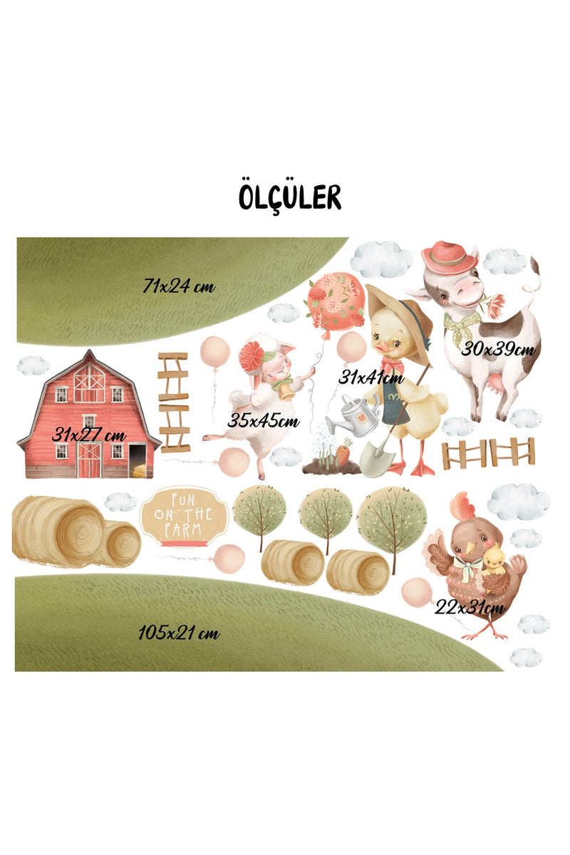 Çiftlikte Eğlence - Çiftlik Hayvanları Çocuk Odası Dekor Duvar Sticker Seti - Sim787