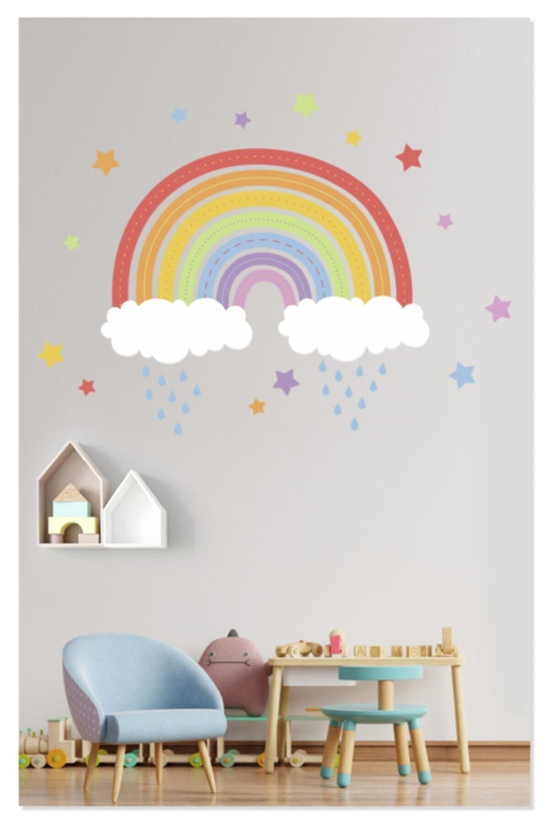 Gökkuşağı Renkli Yıldızlar Bulutlar Ve Yağmur Çocuk Odası Duvar Sticker