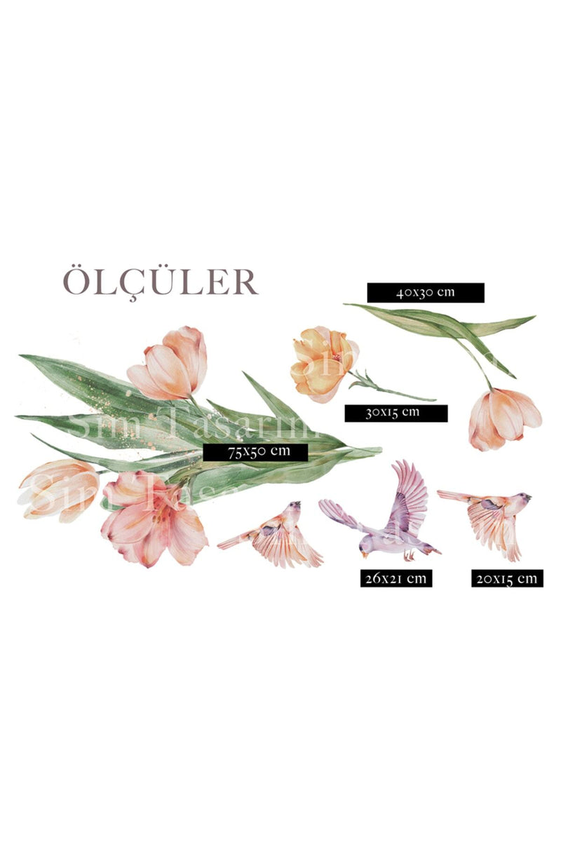 Suluboya Soft Bahar Çiçekleri ve Kuşlar Dekoratif Duvar Sticker