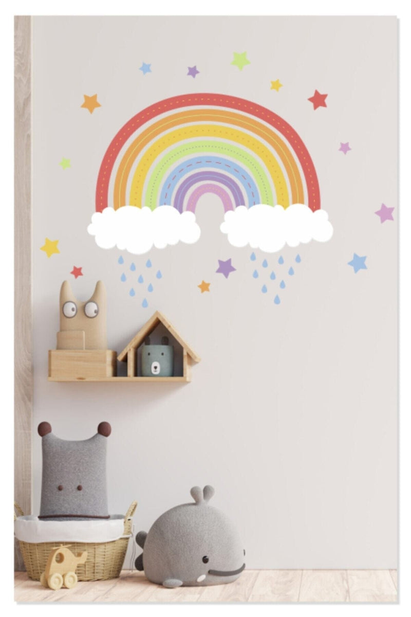 Gökkuşağı Renkli Yıldızlar Bulutlar Ve Yağmur Çocuk Odası Duvar Sticker