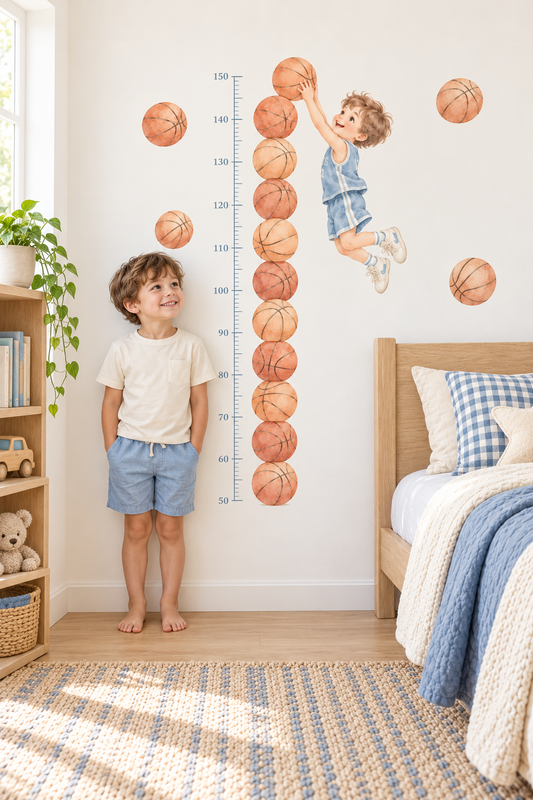 Basketbolcu Çocuk Boy Ölçer Duvar Stickerı 50–150 cm Pastel Suluboya Basketbol Temalı Çocuk Odası