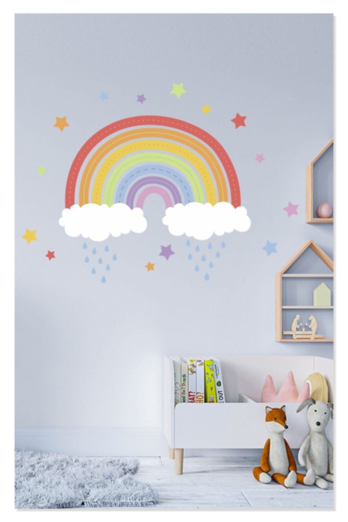 Gökkuşağı Renkli Yıldızlar Bulutlar Ve Yağmur Çocuk Odası Duvar Sticker