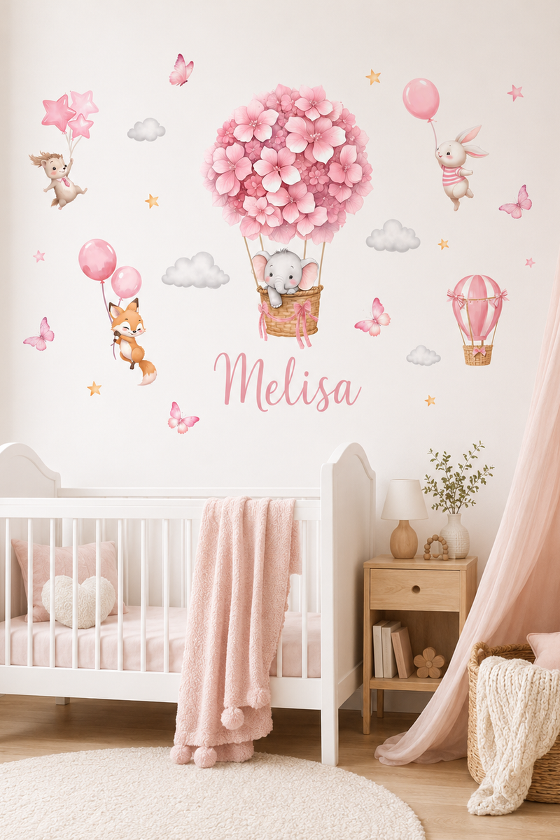 Pembe Çiçekli Hava Balonları Duvar Sticker