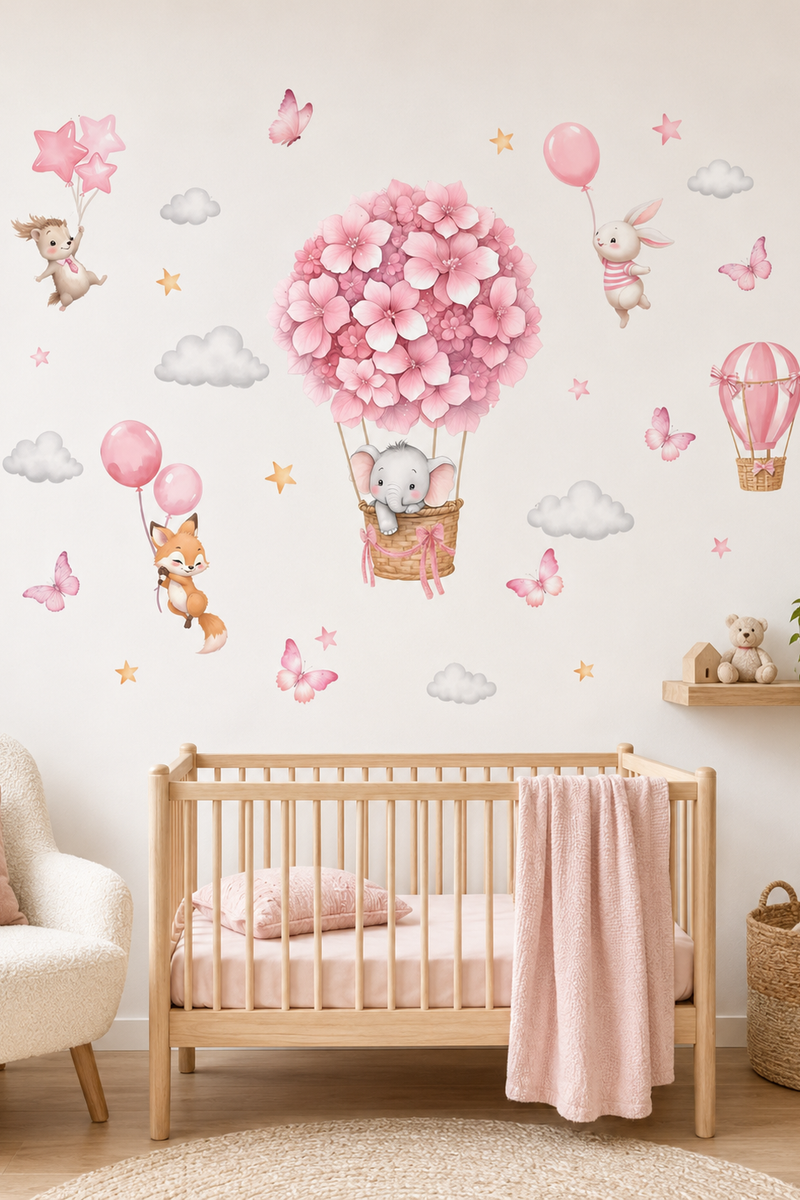 Pembe Çiçekli Hava Balonları Duvar Sticker