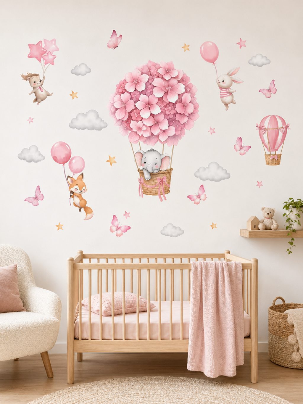 Pembe Çiçekli Hava Balonları Duvar Sticker