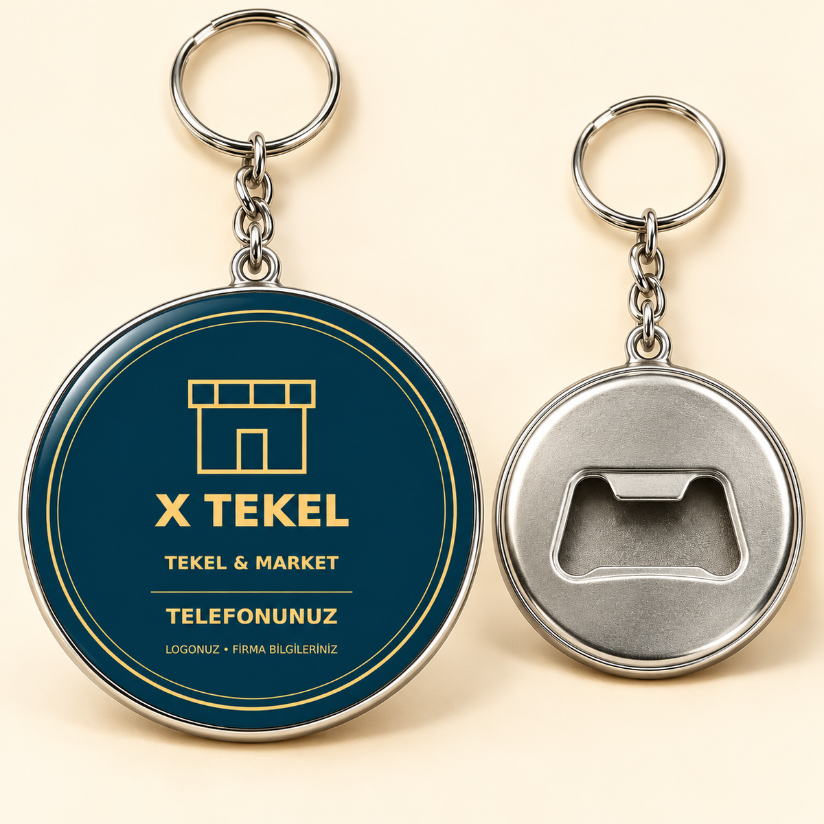 58 mm açacaklı anahtarlık ön ve arka görünüm, temsili mockup