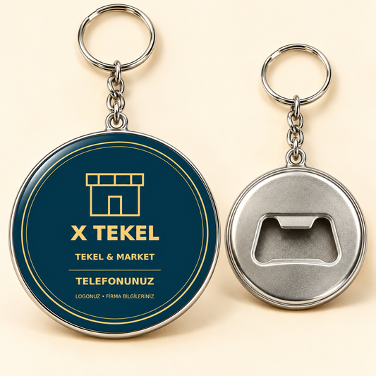 58 mm açacaklı anahtarlık ön ve arka görünüm, temsili mockup