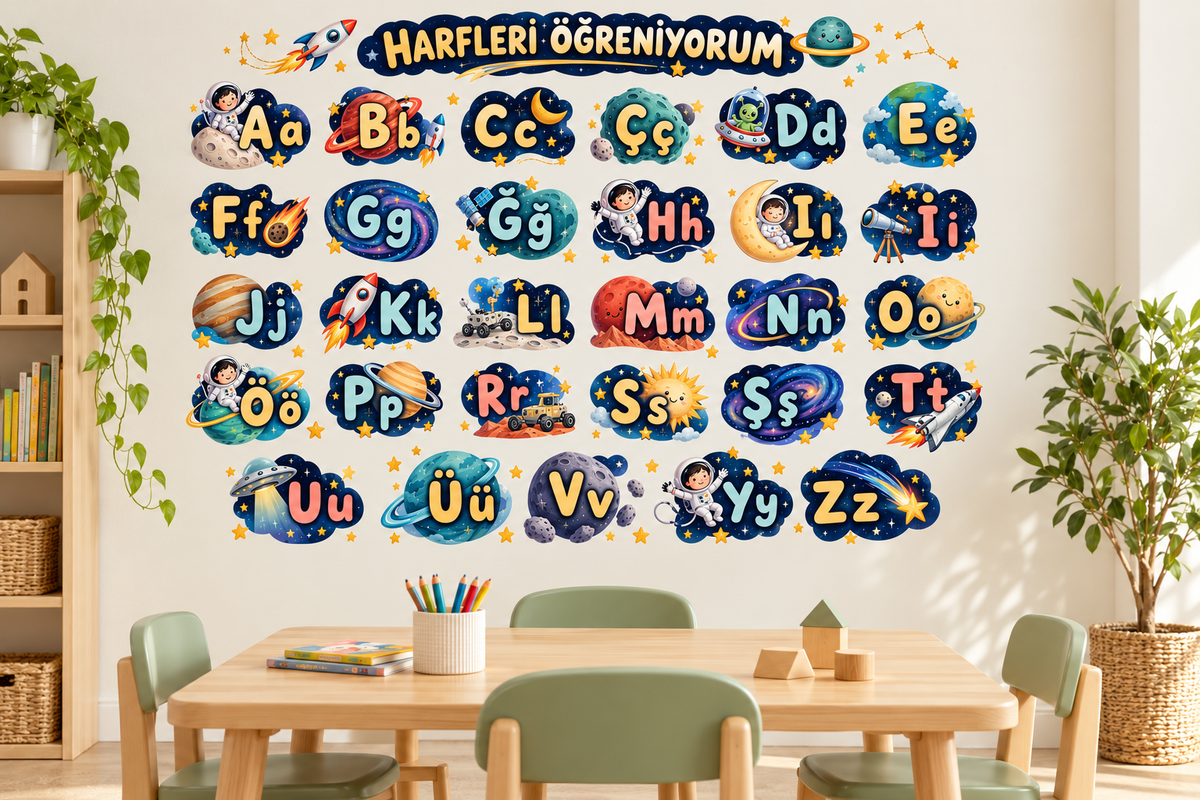 ST-AL-1002 sınıf duvarında yeni sticker uygulama mockupu
