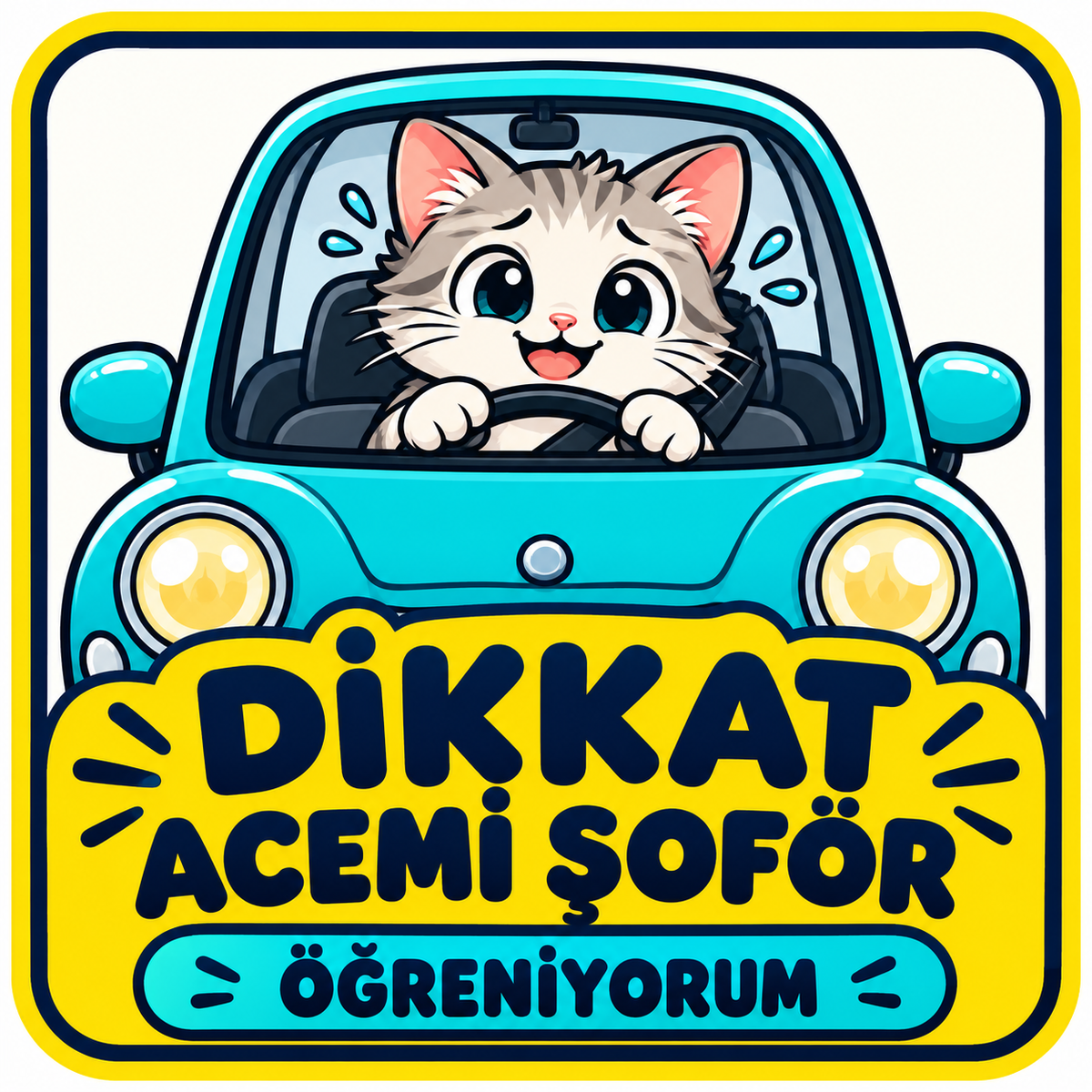 Dikkat Acemi Şoför – Öğreniyorum 15 × 15 cm Türkçe araç stickerı tasarımı
