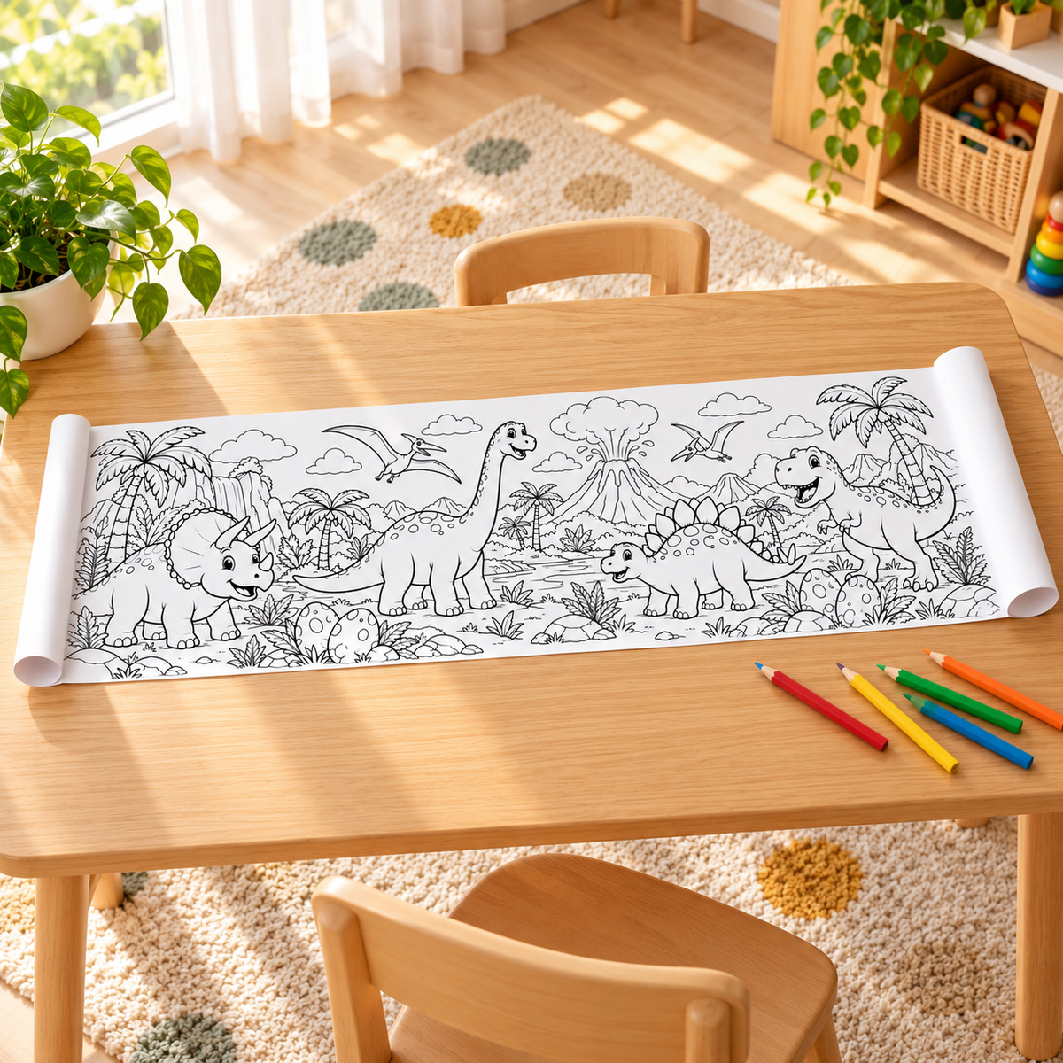 Dinosauriertal Ausmalrolle – 30 × 100 cm — Anwendungsbeispiel des Malbogens