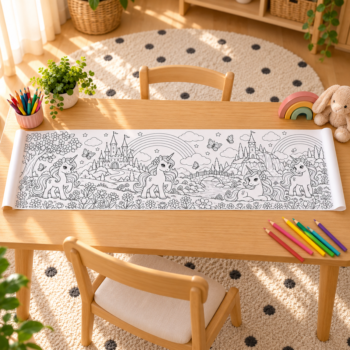 Einhörner & Regenbogen Ausmalrolle – 30 × 100 cm — Anwendungsbeispiel des Malbogens