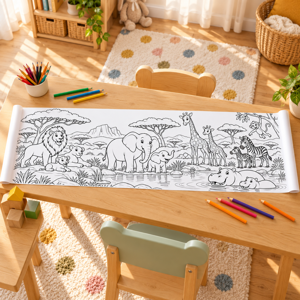 Safari-Tiere Ausmalrolle – 30 × 100 cm — Anwendungsbeispiel des Malbogens