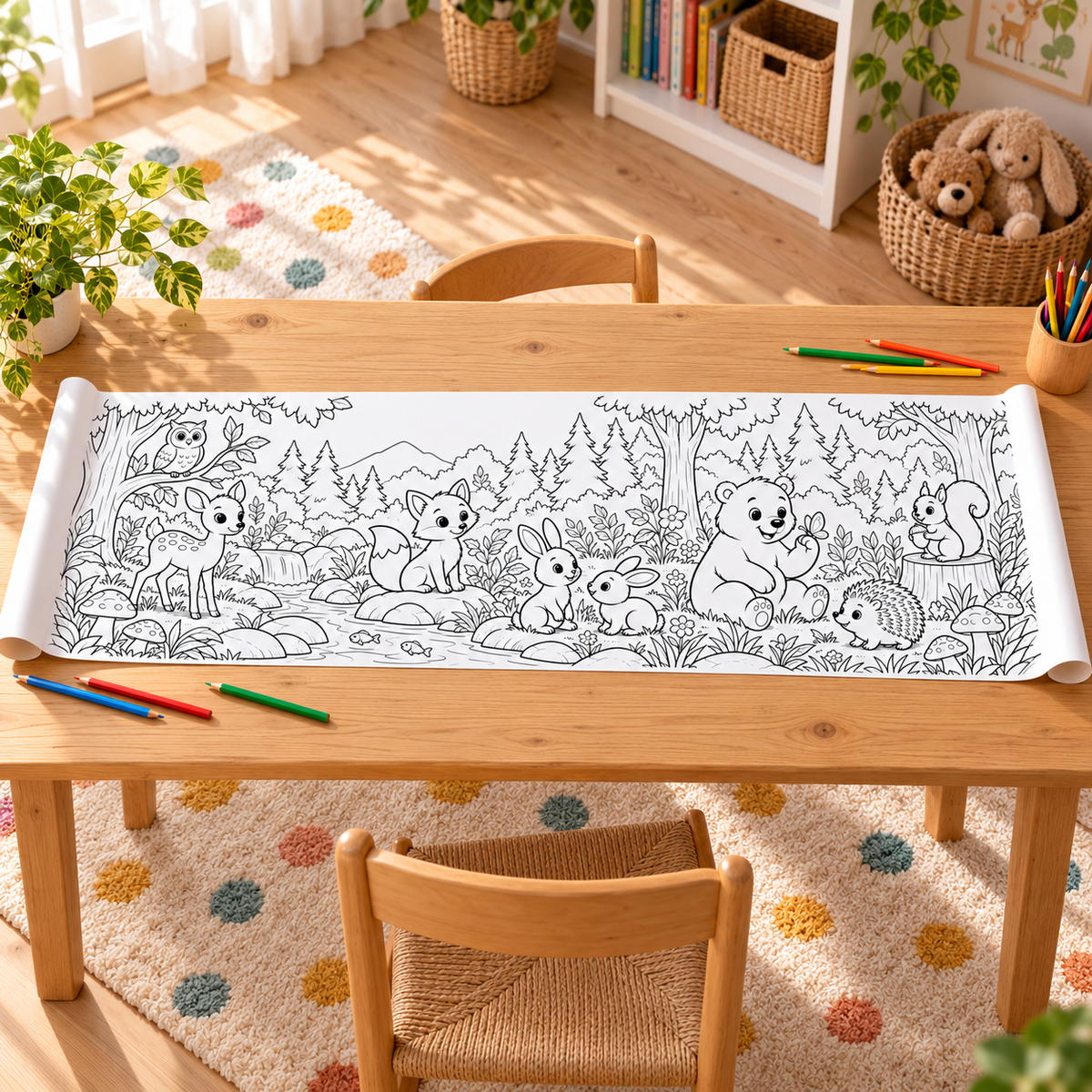 Waldfreunde Ausmalrolle – 30 × 100 cm — Anwendungsbeispiel des Malbogens
