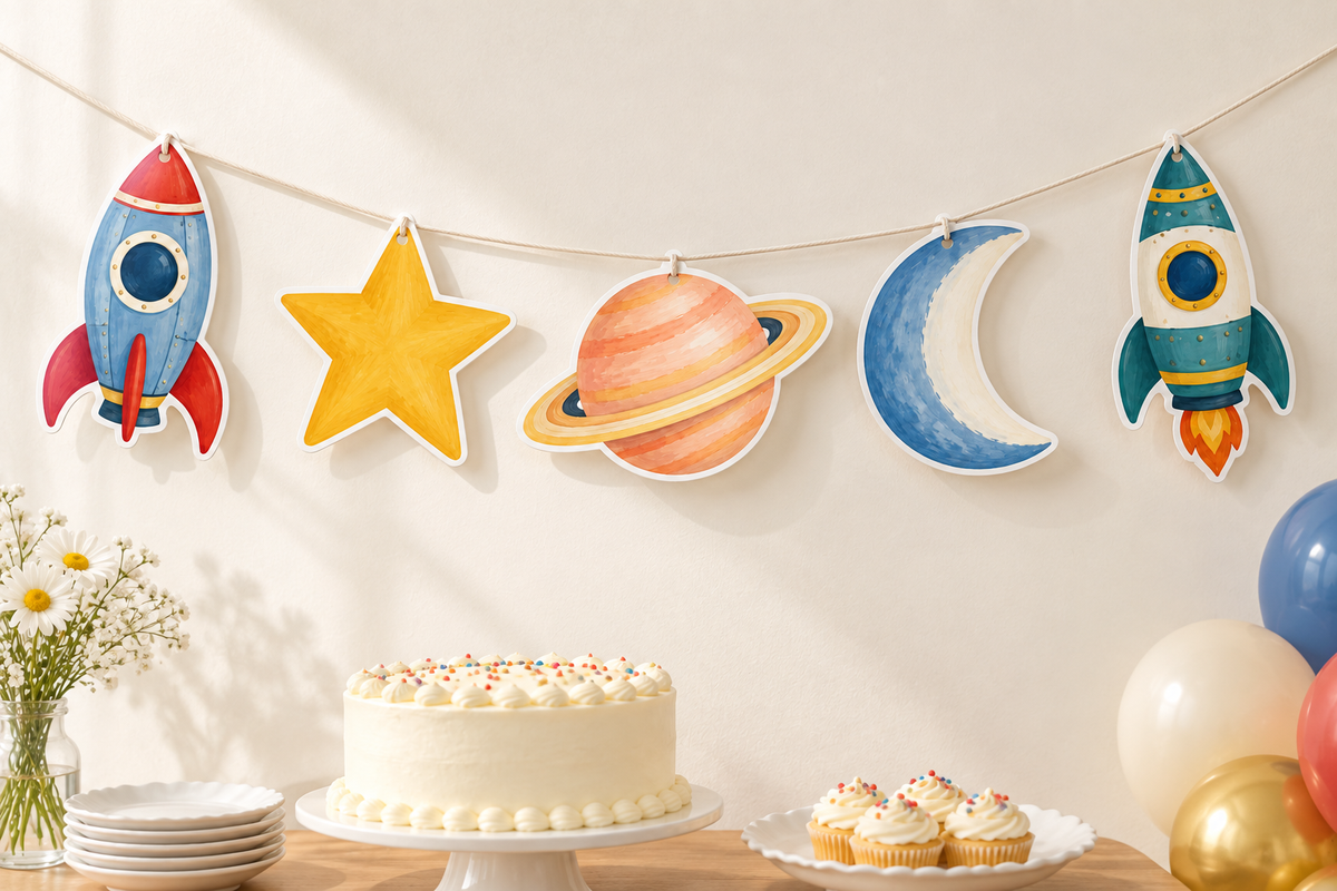 Uzay Macerası doğum günü banner mockup