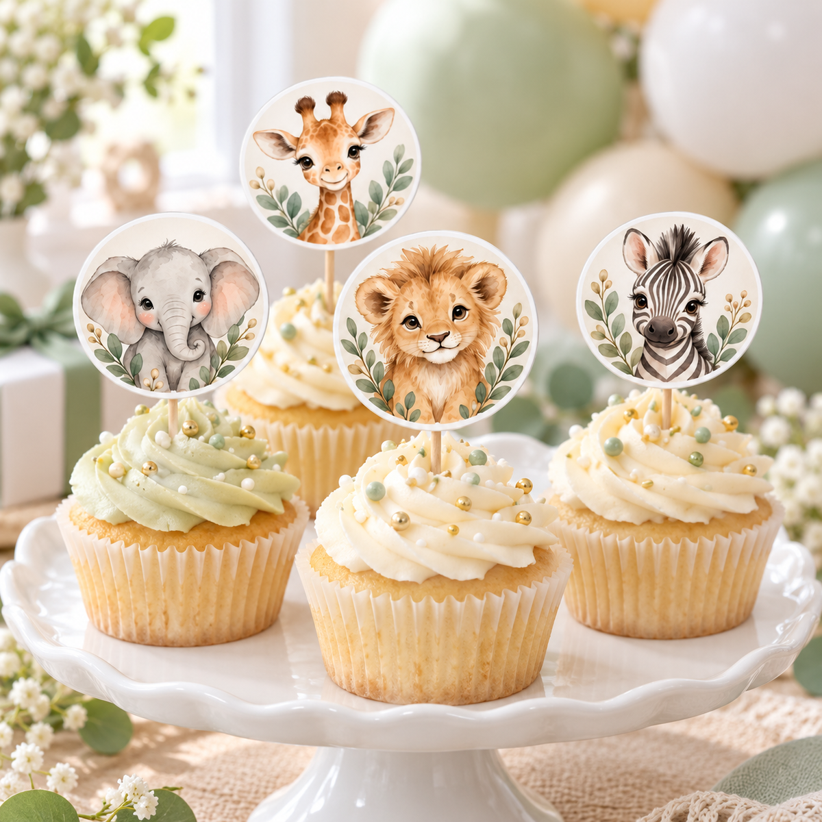 Safari Cupcake Süsü 20 Adet – ST-CC-1001 cupcake üzerinde uygulama görseli