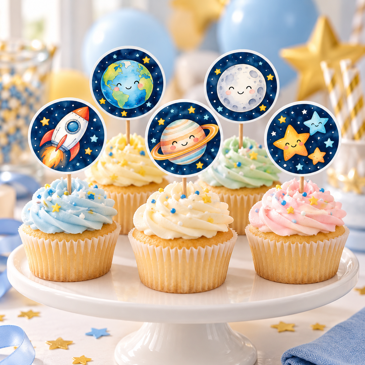 Uzay Cupcake Süsü 20 Adet – ST-CC-1002 cupcake üzerinde uygulama görseli