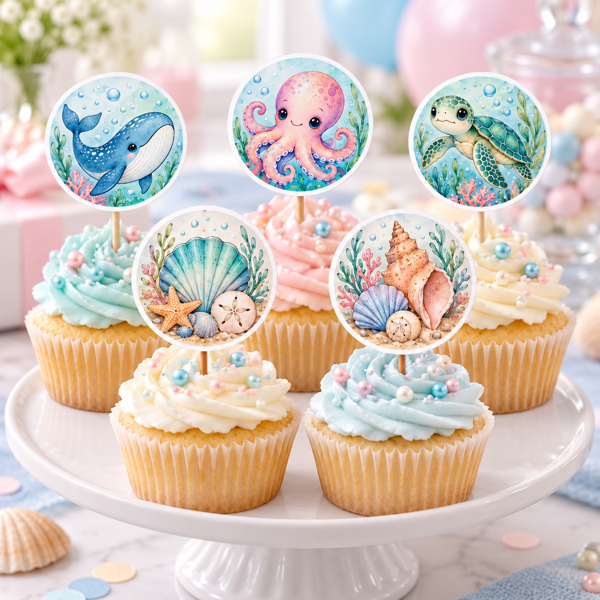 Deniz Cupcake Süsü 20 Adet – ST-CC-1004 cupcake üzerinde uygulama görseli