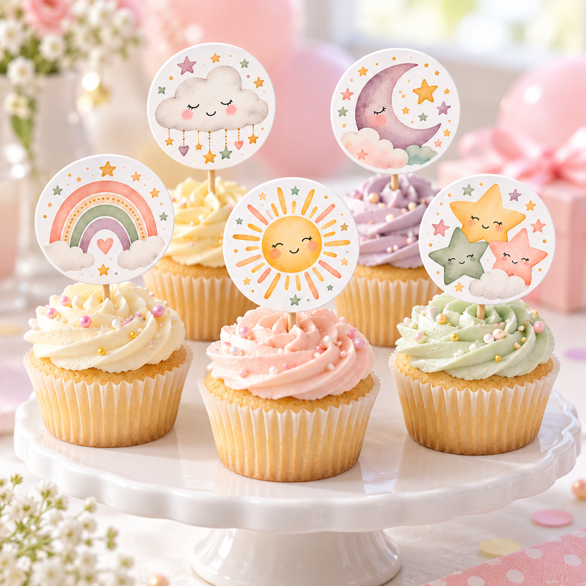 Gökkuşağı Cupcake Süsü 20 Adet – ST-CC-1005 cupcake üzerinde uygulama görseli
