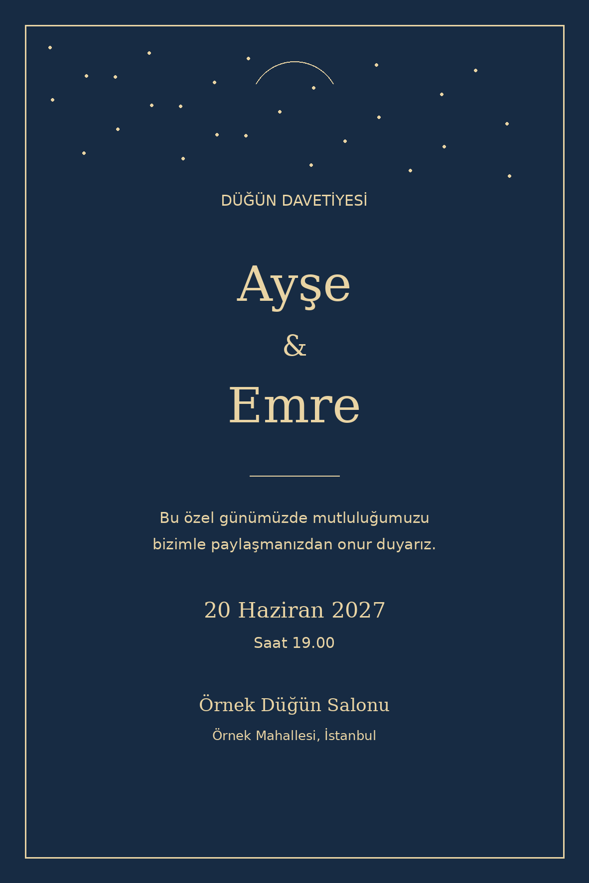 Gece Laciverti düğün davetiyesi