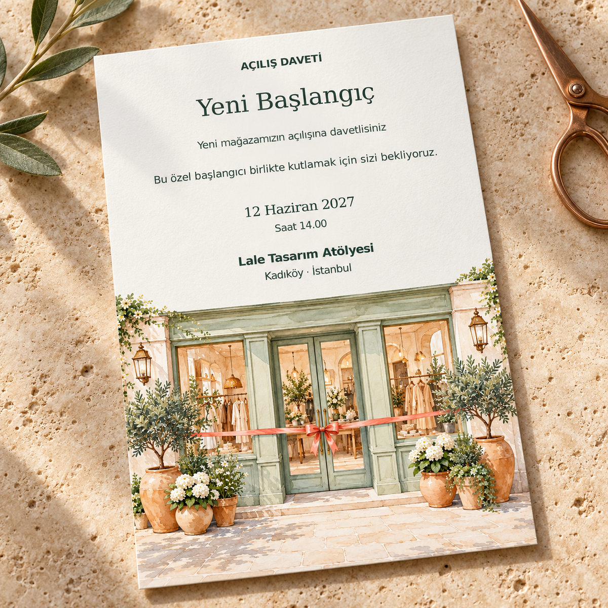 Yeni Başlangıç Kurumsal Açılış davetiyesi mockup — 100 adet, zarfsız